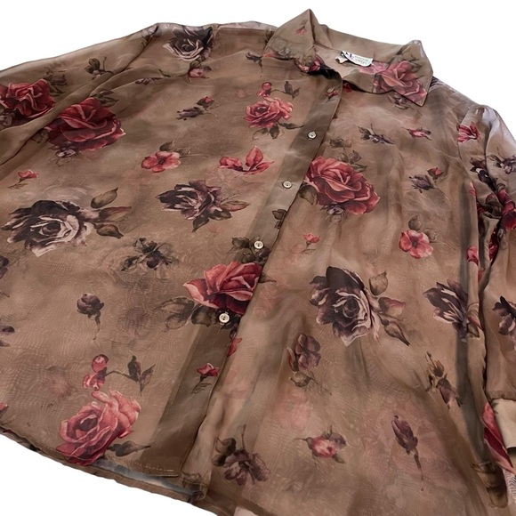 Maggie Sweet Tops - Vintage Maggie Sweet Sheer Floral Blouse Brown Rose Print Button Up 2X